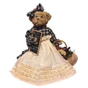 Vintage Country Teacher Bear‎ Doll Plaid Dress Chalkboard Basket Decor